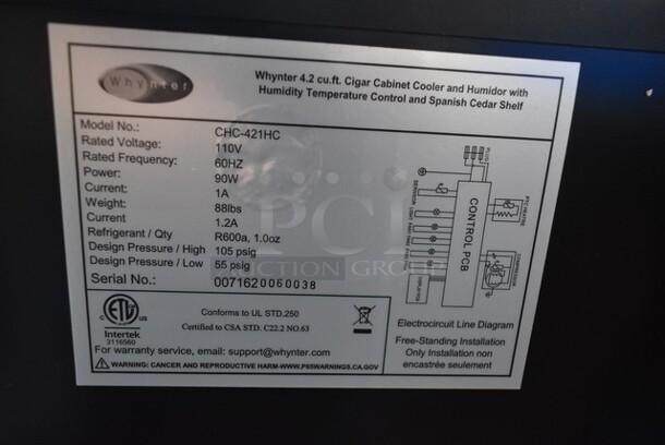 BRAND NEW SCRATCH AND DENT! Whynter CHC-421HC 4.2 cu.ft. Cigar Cabinet Cooler and Humidor with Humidity Temperature Control and Spanish Cedar Shelves. 115 Volts, 1 Phase. Tested and Working! - Image 5 of 5