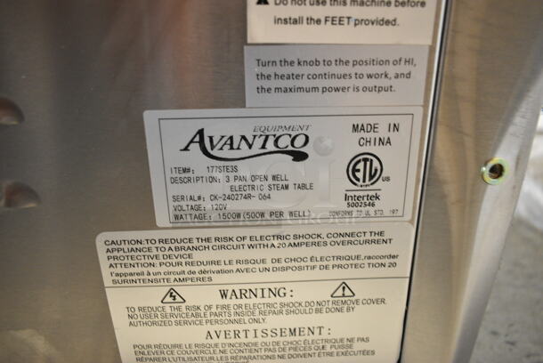 2024 Avantco 177STE3S Stainless Steel Three Pan Open Well Electric Steam Table with Undershelf. 120 Volts, 1 Phase.  - Image 9 of 9