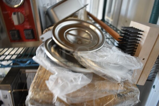 ALL ONE MONEY! Lot of 6 BRAND NEW SCRATCH AND DENT! Items Including 79040 Stainless Steel Round Lids, Coarse Grill Cleaning Brush, Advance Tabco DRKR-48 48" Stainless Steel Bar Drink Rail - Image 5 of 8