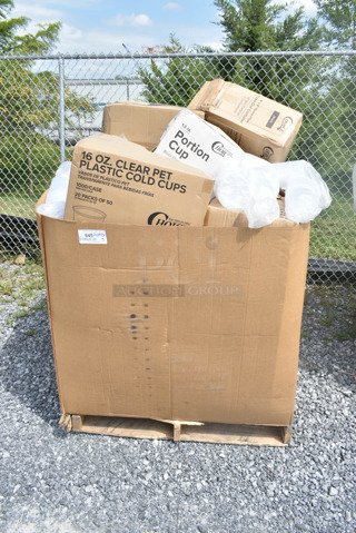 PALLET LOT of 15 BRAND NEW Boxes Including 500MF993B3C Choice 9" x 9" 3-Compartment Microwaveable Black Mineral-Filled Plastic Hinged Take-Out Container - 150/Case, 127P150B Choice 1.5 oz. Black Plastic Souffle Cup / Portion Cup - 2500/Case, 500CC16 Choice Clear PET Customizable Plastic Cold Cup - 16 oz. - 1000/Case, 500CC12 Choice Clear PET Customizable Plastic Cold Cup - 12 oz, 500MF963B1 Choice 9" x 6" 1-Compartment Microwaveable Black Mineral-Filled Plastic Hinged Take-Out Container - 150/Case. 15 Times Your Bid!