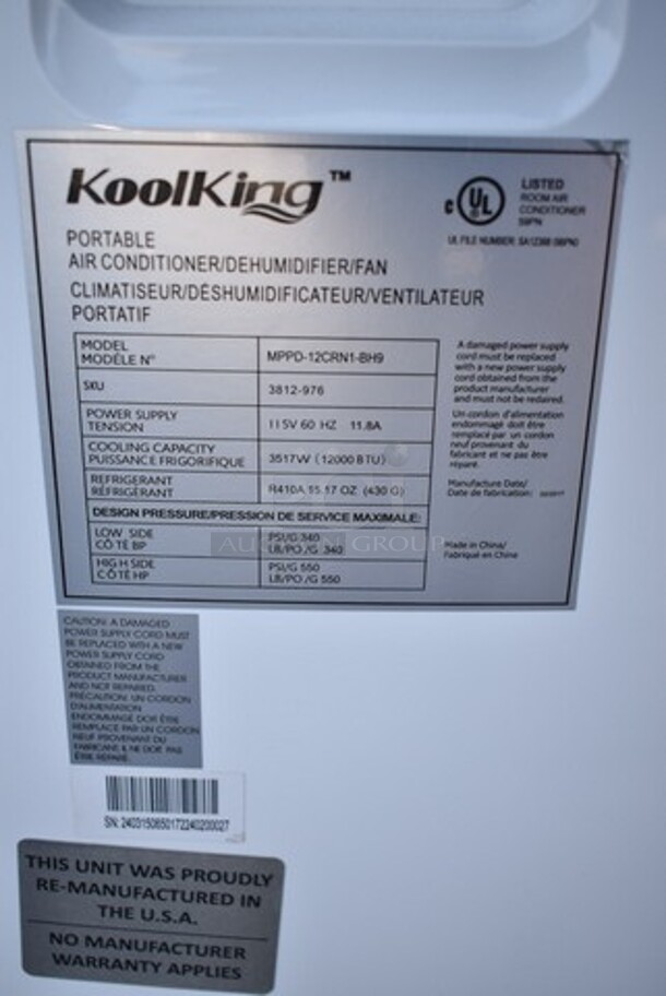 BRAND NEW SCRATCH AND DENT! KoolKing MPPD-12CRN1-BH9 Portable Air Conditioner. 115 Volts, 1 Phase. Tested and Working! - Image 6 of 6