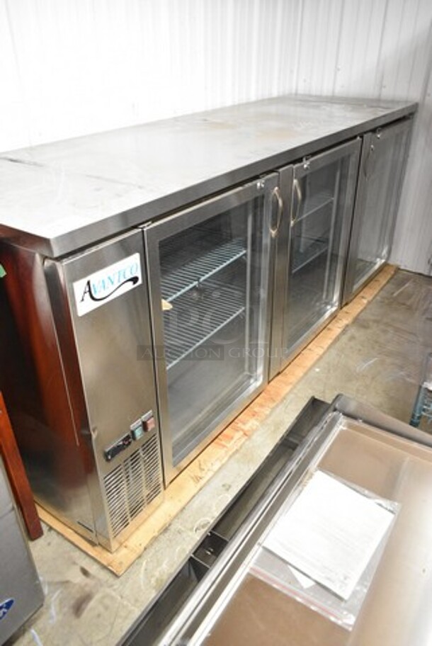 BRAND NEW SCRATCH AND DENT! 2024 Avantco 178UBB4GHCS 90" Stainless Steel Counter Height Glass Door Back Bar Refrigerator with LED Lighting. 115 Volts, 1 Phase. Tested and Working!  - Image 2 of 6