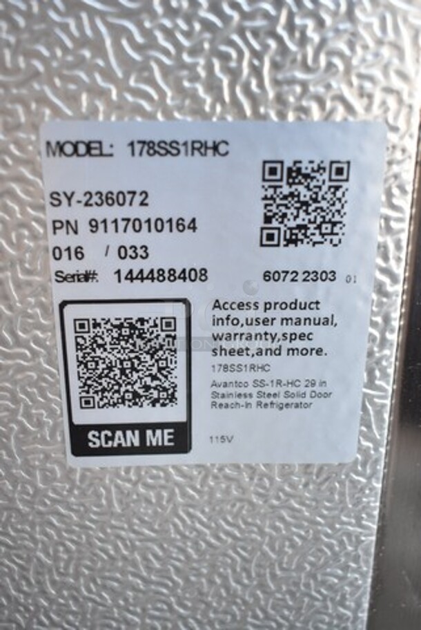 BRAND NEW SCRATCH AND DENT! 2023 Avantco 178SS1RHC Stainless Steel Commercial Single Door Reach In Cooler w/ Poly Coated Racks on Commercial Casters. 110-120 Volts, 1 Phase. Tested and Working! - Image 7 of 7