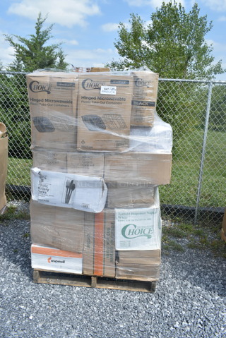 PALLET LOT of 40 BRAND NEW Boxes Including 2 Box 500TO993C3 Choice 9" x 9" x 3" Microwaveable 3-Compartment Black / Clear Plastic Hinged Container - 100/Case, 2 Box 5535411 Acopa 11.5 oz. Customizable Glass Goblet - 12/Case, 130BKFKSNX500 Choice Black Extra Heavy Weight Wrapped Plastic Cutlery Pack with Napkin - 500/Case, 5001TPJ Lavex 1-Ply 1400' Universal Jumbo Toilet Paper Roll with 9" Diameter - 12/Case, 4 Box 966UPWIDEB OneUp by Choice White 2-Ply Wide Interfold 6 1/2" x 8 1/2" Dispenser Napkin - 6000/Case, 43309LPIE100 Choice 9" Clear Hinged Low Pie Container - 100/Case, 2 Box 2 Box 130HBKCUTFW Visions Individually Wrapped Black Heavy Weight Plastic Fork - 1000/Case, 3 Box 130BKFORKH Choice Black Heavy Weight Plastic Fork - 1000/Case, 500LFLAT5 Choice Lids. 40 Times Your Bid!