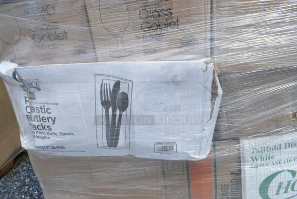 PALLET LOT of 40 BRAND NEW Boxes Including 2 Box 500TO993C3 Choice 9" x 9" x 3" Microwaveable 3-Compartment Black / Clear Plastic Hinged Container - 100/Case, 2 Box 5535411 Acopa 11.5 oz. Customizable Glass Goblet - 12/Case, 130BKFKSNX500 Choice Black Extra Heavy Weight Wrapped Plastic Cutlery Pack with Napkin - 500/Case, 5001TPJ Lavex 1-Ply 1400' Universal Jumbo Toilet Paper Roll with 9" Diameter - 12/Case, 4 Box 966UPWIDEB OneUp by Choice White 2-Ply Wide Interfold 6 1/2" x 8 1/2" Dispenser Napkin - 6000/Case, 43309LPIE100 Choice 9" Clear Hinged Low Pie Container - 100/Case, 2 Box 2 Box 130HBKCUTFW Visions Individually Wrapped Black Heavy Weight Plastic Fork - 1000/Case, 3 Box 130BKFORKH Choice Black Heavy Weight Plastic Fork - 1000/Case, 500LFLAT5 Choice Lids. 40 Times Your Bid! - Image 3 of 12