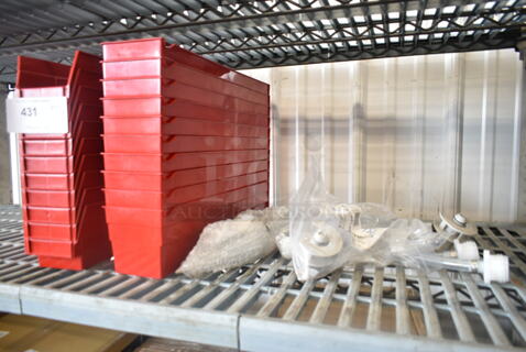 BRAND NEW SCRATCH AND DENT! Lot of 22 Items Including Red Poly Bins, 103BIBADAPTPEPSI Machine Adapter For Bag In Box - Pepsi, 382MNDRL Carnival King 10" Waffle Cone Mandrel