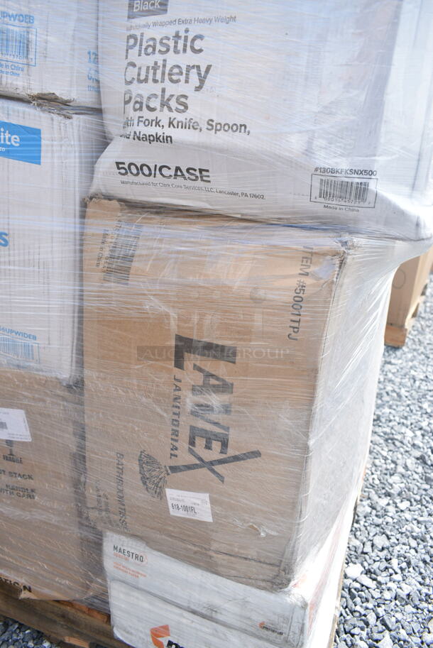 PALLET LOT of 40 BRAND NEW Boxes Including 2 Box 500TO993C3 Choice 9" x 9" x 3" Microwaveable 3-Compartment Black / Clear Plastic Hinged Container - 100/Case, 2 Box 5535411 Acopa 11.5 oz. Customizable Glass Goblet - 12/Case, 130BKFKSNX500 Choice Black Extra Heavy Weight Wrapped Plastic Cutlery Pack with Napkin - 500/Case, 5001TPJ Lavex 1-Ply 1400' Universal Jumbo Toilet Paper Roll with 9" Diameter - 12/Case, 4 Box 966UPWIDEB OneUp by Choice White 2-Ply Wide Interfold 6 1/2" x 8 1/2" Dispenser Napkin - 6000/Case, 43309LPIE100 Choice 9" Clear Hinged Low Pie Container - 100/Case, 2 Box 2 Box 130HBKCUTFW Visions Individually Wrapped Black Heavy Weight Plastic Fork - 1000/Case, 3 Box 130BKFORKH Choice Black Heavy Weight Plastic Fork - 1000/Case, 500LFLAT5 Choice Lids. 40 Times Your Bid! - Image 5 of 12