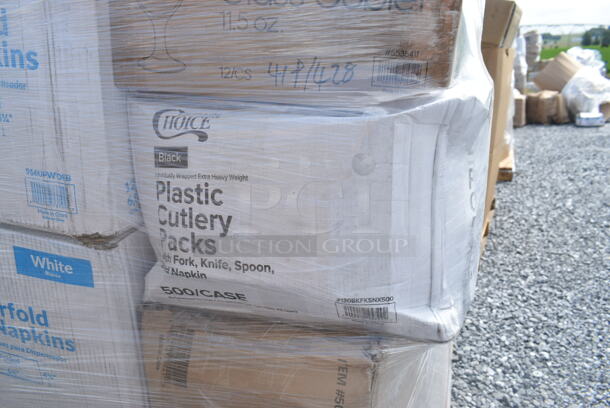 PALLET LOT of 40 BRAND NEW Boxes Including 2 Box 500TO993C3 Choice 9" x 9" x 3" Microwaveable 3-Compartment Black / Clear Plastic Hinged Container - 100/Case, 2 Box 5535411 Acopa 11.5 oz. Customizable Glass Goblet - 12/Case, 130BKFKSNX500 Choice Black Extra Heavy Weight Wrapped Plastic Cutlery Pack with Napkin - 500/Case, 5001TPJ Lavex 1-Ply 1400' Universal Jumbo Toilet Paper Roll with 9" Diameter - 12/Case, 4 Box 966UPWIDEB OneUp by Choice White 2-Ply Wide Interfold 6 1/2" x 8 1/2" Dispenser Napkin - 6000/Case, 43309LPIE100 Choice 9" Clear Hinged Low Pie Container - 100/Case, 2 Box 2 Box 130HBKCUTFW Visions Individually Wrapped Black Heavy Weight Plastic Fork - 1000/Case, 3 Box 130BKFORKH Choice Black Heavy Weight Plastic Fork - 1000/Case, 500LFLAT5 Choice Lids. 40 Times Your Bid! - Image 6 of 12