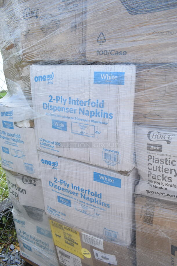 PALLET LOT of 40 BRAND NEW Boxes Including 2 Box 500TO993C3 Choice 9" x 9" x 3" Microwaveable 3-Compartment Black / Clear Plastic Hinged Container - 100/Case, 2 Box 5535411 Acopa 11.5 oz. Customizable Glass Goblet - 12/Case, 130BKFKSNX500 Choice Black Extra Heavy Weight Wrapped Plastic Cutlery Pack with Napkin - 500/Case, 5001TPJ Lavex 1-Ply 1400' Universal Jumbo Toilet Paper Roll with 9" Diameter - 12/Case, 4 Box 966UPWIDEB OneUp by Choice White 2-Ply Wide Interfold 6 1/2" x 8 1/2" Dispenser Napkin - 6000/Case, 43309LPIE100 Choice 9" Clear Hinged Low Pie Container - 100/Case, 2 Box 2 Box 130HBKCUTFW Visions Individually Wrapped Black Heavy Weight Plastic Fork - 1000/Case, 3 Box 130BKFORKH Choice Black Heavy Weight Plastic Fork - 1000/Case, 500LFLAT5 Choice Lids. 40 Times Your Bid! - Image 8 of 12