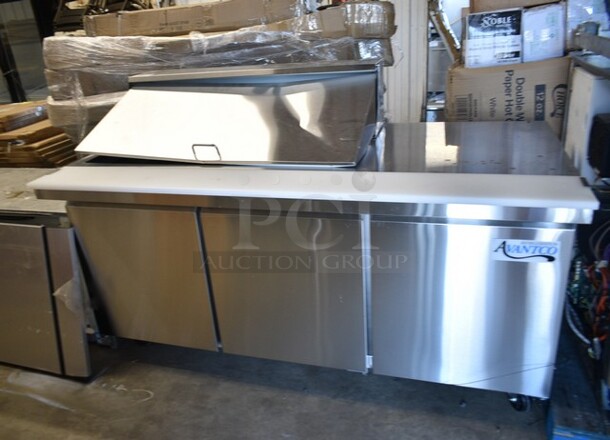 BRAND NEW SCRATCH AND DENT! 2023 Avantco 178SSPTM7118 Stainless Steel Commercial Sandwich Salad Prep Table Bain Marie Mega Top on Commercial Casters. 115 Volts, 1 Phase. Tested and Powers On But Does Not Get Cold - Image 2 of 8