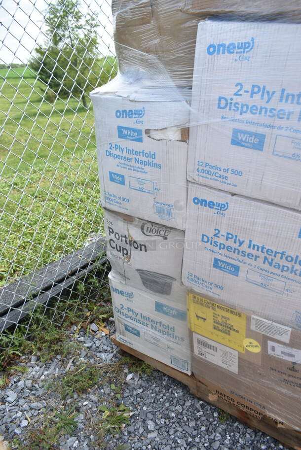 PALLET LOT of 40 BRAND NEW Boxes Including 2 Box 500TO993C3 Choice 9" x 9" x 3" Microwaveable 3-Compartment Black / Clear Plastic Hinged Container - 100/Case, 2 Box 5535411 Acopa 11.5 oz. Customizable Glass Goblet - 12/Case, 130BKFKSNX500 Choice Black Extra Heavy Weight Wrapped Plastic Cutlery Pack with Napkin - 500/Case, 5001TPJ Lavex 1-Ply 1400' Universal Jumbo Toilet Paper Roll with 9" Diameter - 12/Case, 4 Box 966UPWIDEB OneUp by Choice White 2-Ply Wide Interfold 6 1/2" x 8 1/2" Dispenser Napkin - 6000/Case, 43309LPIE100 Choice 9" Clear Hinged Low Pie Container - 100/Case, 2 Box 2 Box 130HBKCUTFW Visions Individually Wrapped Black Heavy Weight Plastic Fork - 1000/Case, 3 Box 130BKFORKH Choice Black Heavy Weight Plastic Fork - 1000/Case, 500LFLAT5 Choice Lids. 40 Times Your Bid! - Image 9 of 12