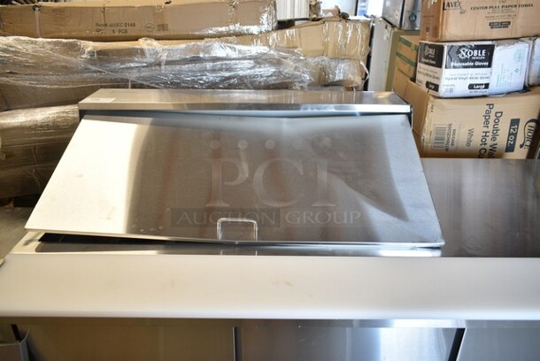 BRAND NEW SCRATCH AND DENT! 2023 Avantco 178SSPTM7118 Stainless Steel Commercial Sandwich Salad Prep Table Bain Marie Mega Top on Commercial Casters. 115 Volts, 1 Phase. Tested and Powers On But Does Not Get Cold - Image 3 of 8