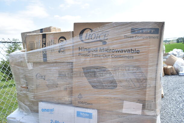 PALLET LOT of 40 BRAND NEW Boxes Including 2 Box 500TO993C3 Choice 9" x 9" x 3" Microwaveable 3-Compartment Black / Clear Plastic Hinged Container - 100/Case, 2 Box 5535411 Acopa 11.5 oz. Customizable Glass Goblet - 12/Case, 130BKFKSNX500 Choice Black Extra Heavy Weight Wrapped Plastic Cutlery Pack with Napkin - 500/Case, 5001TPJ Lavex 1-Ply 1400' Universal Jumbo Toilet Paper Roll with 9" Diameter - 12/Case, 4 Box 966UPWIDEB OneUp by Choice White 2-Ply Wide Interfold 6 1/2" x 8 1/2" Dispenser Napkin - 6000/Case, 43309LPIE100 Choice 9" Clear Hinged Low Pie Container - 100/Case, 2 Box 2 Box 130HBKCUTFW Visions Individually Wrapped Black Heavy Weight Plastic Fork - 1000/Case, 3 Box 130BKFORKH Choice Black Heavy Weight Plastic Fork - 1000/Case, 500LFLAT5 Choice Lids. 40 Times Your Bid! - Image 10 of 12