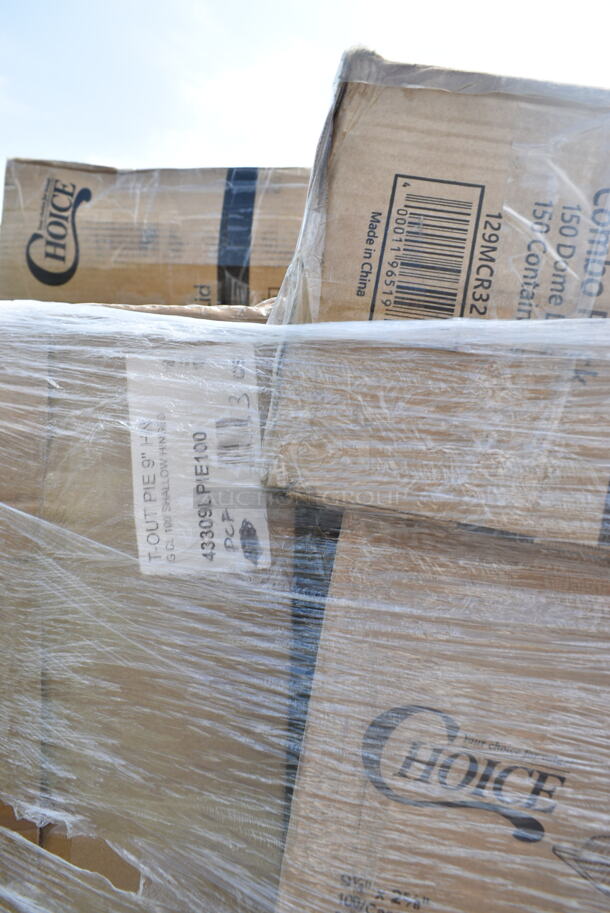 PALLET LOT of 40 BRAND NEW Boxes Including 2 Box 500TO993C3 Choice 9" x 9" x 3" Microwaveable 3-Compartment Black / Clear Plastic Hinged Container - 100/Case, 2 Box 5535411 Acopa 11.5 oz. Customizable Glass Goblet - 12/Case, 130BKFKSNX500 Choice Black Extra Heavy Weight Wrapped Plastic Cutlery Pack with Napkin - 500/Case, 5001TPJ Lavex 1-Ply 1400' Universal Jumbo Toilet Paper Roll with 9" Diameter - 12/Case, 4 Box 966UPWIDEB OneUp by Choice White 2-Ply Wide Interfold 6 1/2" x 8 1/2" Dispenser Napkin - 6000/Case, 43309LPIE100 Choice 9" Clear Hinged Low Pie Container - 100/Case, 2 Box 2 Box 130HBKCUTFW Visions Individually Wrapped Black Heavy Weight Plastic Fork - 1000/Case, 3 Box 130BKFORKH Choice Black Heavy Weight Plastic Fork - 1000/Case, 500LFLAT5 Choice Lids. 40 Times Your Bid! - Image 11 of 12