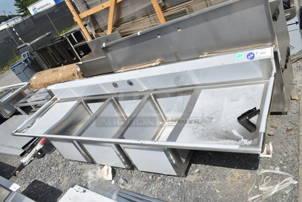 BRAND NEW SCRATCH AND DENT! Regency 600S31824224 Stainless Steel Commercial 3 Bay Sink w/ Dual Drain Boards. No Legs. Bays 18x23x14. Drain Boards 22.5x25.5. - Image 5 of 5