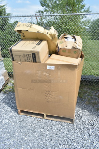 PALLET LOT of 15 BRAND NEW Boxes Including 395SP10 EcoChoice Compostable Sugarcane / Bagasse 10" x 10" Square Plate, 50016W Choice 16 oz. White Poly Paper Hot Cup - 1000/Case, 127PE409BULK Choice Translucent Deli Lid Flush Fit - 500/Case, 130BFORKWP Individually Wrapped Medium Weight Black Plastic Fork, 999PCC16 Choice 16 oz. Poly Paper Cold Cup - 50/Pack, 50016W White Poly Paper Hot Cup, 1340225.002 American Standard 1.0 GPM Deck-Mount Metering Faucet with 4" Centers. 15 Times Your Bid!