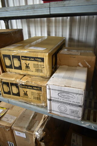 4 Boxes BRAND NEW SCRATCH AND DENT! Items Including 347RPBD6WHGD Visions 6" White Plastic Plate with Gold Bands - 150/Case, 19491769 Avantco Ice 19491769 Ice Scoop, 2 Box GET MAS-3-CL Cheers 16 oz. Customizable Plastic Mason Jar / Drinking Jar with Handle. 4 Times Your Bid! 