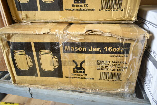 4 Boxes BRAND NEW SCRATCH AND DENT! Items Including 347RPBD6WHGD Visions 6" White Plastic Plate with Gold Bands - 150/Case, 19491769 Avantco Ice 19491769 Ice Scoop, 2 Box GET MAS-3-CL Cheers 16 oz. Customizable Plastic Mason Jar / Drinking Jar with Handle. 4 Times Your Bid!  - Image 6 of 6