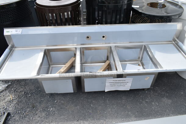 BRAND NEW SCRATCH AND DENT! Regency 600S31620218 88" 16 Gauge Stainless Steel Three Compartment Commercial Sink with Galvanized Steel Legs and 2 Drainboards - 16" x 20" x 12" Bowls. No Legs.  - Image 2 of 4