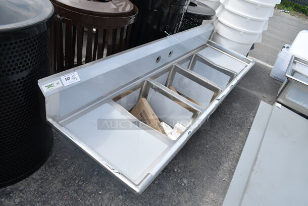 BRAND NEW SCRATCH AND DENT! Regency 600S31620218 88" 16 Gauge Stainless Steel Three Compartment Commercial Sink with Galvanized Steel Legs and 2 Drainboards - 16" x 20" x 12" Bowls. No Legs.  - Image 3 of 4