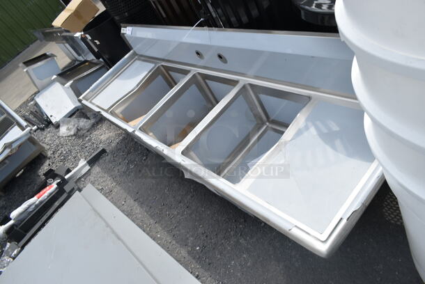 BRAND NEW SCRATCH AND DENT! Regency 600S31620218 88" 16 Gauge Stainless Steel Three Compartment Commercial Sink with Galvanized Steel Legs and 2 Drainboards - 16" x 20" x 12" Bowls. No Legs.  - Image 4 of 4