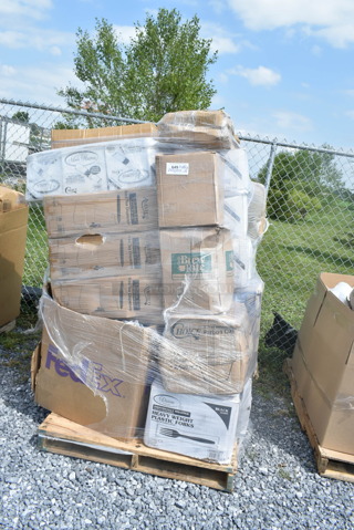 PALLET LOT of 28 BRAND NEW Boxes Including 3 Box 130ROLLKFSBK Visions 17" x 17" White Pre-Rolled Linen-Feel Napkin and Black Heavy Weight Plastic Cutlery Set - 100/Case, 3 Box 177ITD5GSMV Avantco ITD5-GS-MV 5 Gallon Slim Iced Tea Dispenser with Stainless Steel Valve, 500MFTN Lavex Natural Brown Kraft M-Fold (Multifold) Towel - 4000/Case, 760SOUP6WPA Choice 6 oz. White Double Poly-Coated Paper Food Cup with Vented Paper Lid - 250/Case, 500TW12 Choice 12 oz. Translucent Thin Wall Plastic Cold Cup - 1000/Case, 185403114D Beverage-Air 403-114D Stepped Divider for DW Series Bottle Coolers - 9 1/4" x 22 1/4". 28 Times Your Bid!