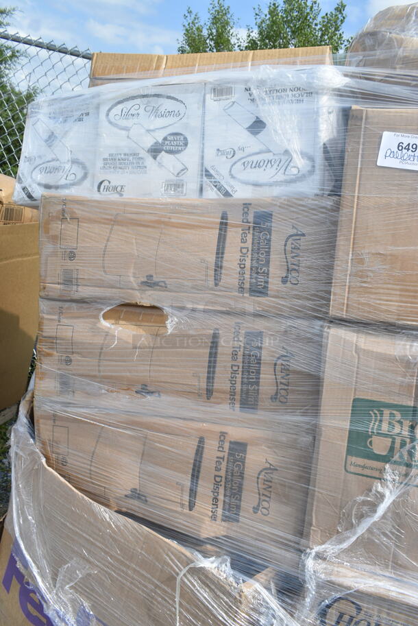 PALLET LOT of 28 BRAND NEW Boxes Including 3 Box 130ROLLKFSBK Visions 17" x 17" White Pre-Rolled Linen-Feel Napkin and Black Heavy Weight Plastic Cutlery Set - 100/Case, 3 Box 177ITD5GSMV Avantco ITD5-GS-MV 5 Gallon Slim Iced Tea Dispenser with Stainless Steel Valve, 500MFTN Lavex Natural Brown Kraft M-Fold (Multifold) Towel - 4000/Case, 760SOUP6WPA Choice 6 oz. White Double Poly-Coated Paper Food Cup with Vented Paper Lid - 250/Case, 500TW12 Choice 12 oz. Translucent Thin Wall Plastic Cold Cup - 1000/Case, 185403114D Beverage-Air 403-114D Stepped Divider for DW Series Bottle Coolers - 9 1/4" x 22 1/4". 28 Times Your Bid! - Image 2 of 12