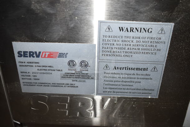 BRAND NEW SCRATCH AND DENT! 2023 ServIt 423EST3WO Stainless Steel Commercial Electric Powered 3 Bay Steam Table. 115 Volts, 1 Phase. Tested and Working! - Image 4 of 4