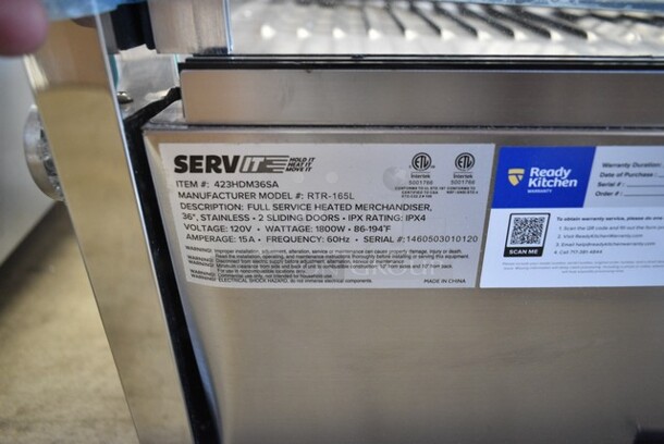 BRAND NEW SCRATCH AND DENT! ServIt 423HDM36SA Stainless Steel Commercial Countertop 36" Self / Full Service 3 Shelf Countertop Heated Display Case with Sliding Doors. See Pictures for Damage. 120 Volts, 1 Phase. Tested and Powers On But Does Not Get Warm - Image 8 of 8