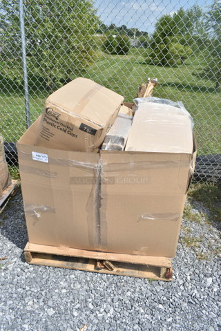 PALLET LOT of 15 BRAND NEW Boxes Including 500TW7 Choice 7 oz. Translucent Thin Wall Plastic Cold Cup - 2500/Case, 127RD8BULK Choice 8 oz. Customizable Microwavable Translucent Round Deli Container - 500/Case, Voltec 08-00198 U-Ground Work Light String with 10 Metal Cages - 100' 12/3 Cord, 150W Bulb Rating. 15 Times Your Bid!