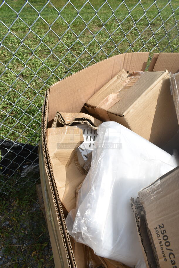 PALLET LOT of 15 BRAND NEW Boxes Including 500TW7 Choice 7 oz. Translucent Thin Wall Plastic Cold Cup - 2500/Case, 127RD8BULK Choice 8 oz. Customizable Microwavable Translucent Round Deli Container - 500/Case, Voltec 08-00198 U-Ground Work Light String with 10 Metal Cages - 100' 12/3 Cord, 150W Bulb Rating. 15 Times Your Bid! - Image 3 of 12