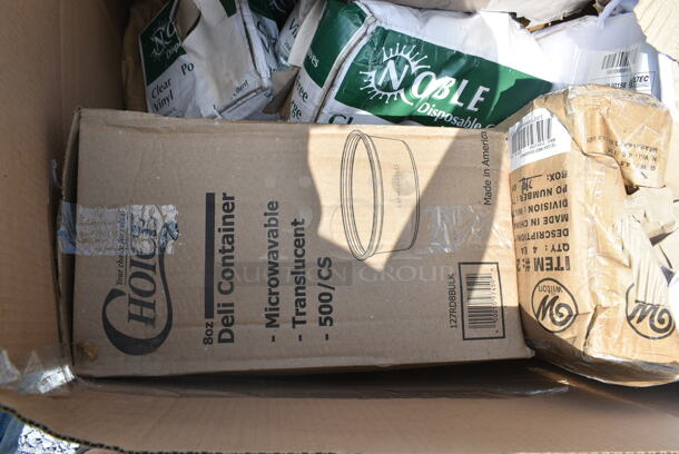 PALLET LOT of 15 BRAND NEW Boxes Including 500TW7 Choice 7 oz. Translucent Thin Wall Plastic Cold Cup - 2500/Case, 127RD8BULK Choice 8 oz. Customizable Microwavable Translucent Round Deli Container - 500/Case, Voltec 08-00198 U-Ground Work Light String with 10 Metal Cages - 100' 12/3 Cord, 150W Bulb Rating. 15 Times Your Bid! - Image 9 of 12
