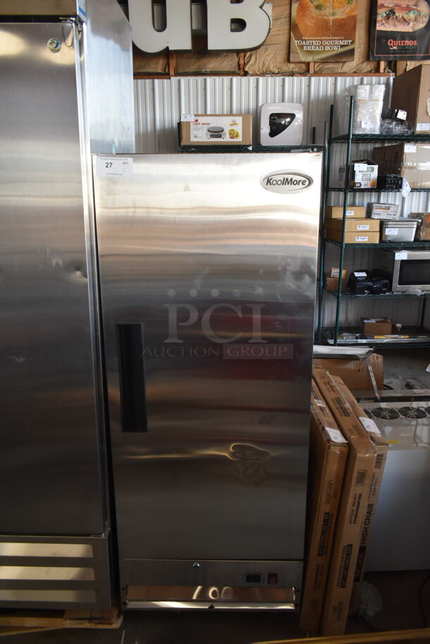 BRAND NEW SCRATCH AND DENT! 2023 KoolMore RIR-1D-SS12C Stainless Steel Commercial Single Door Reach In Cooler w/ Poly Coated Racks. 115 Volts, 1 Phase. Tested and Working! - Image 2 of 7