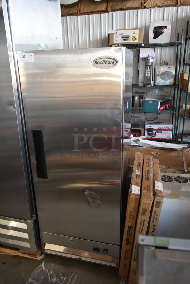 BRAND NEW SCRATCH AND DENT! 2023 KoolMore RIR-1D-SS12C Stainless Steel Commercial Single Door Reach In Cooler w/ Poly Coated Racks. 115 Volts, 1 Phase. Tested and Working! - Image 3 of 7