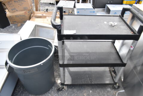 2 Items; Black Poly 3 Tier Cart and Gray Poly Trash Can. 2 Times Your Bid! 