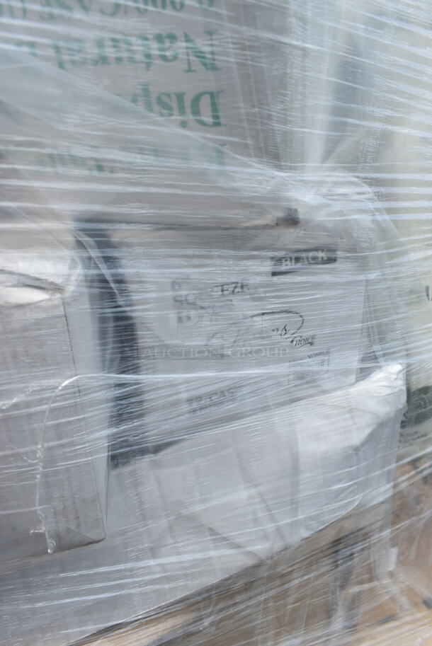 PALLET LOT of 25 BRAND NEW Boxes Including 5002WARPNAPN EcoChoice WrapNap 2-Ply Natural Kraft 1/4 Fold Dinner Napkin 16" x 16", Dart 16MJ20 16 oz. Medium Squat White Customizable Foam Food Container - 500/Case, 612FS4316 Choice Half Size Heavy-Duty Foil Steam Table Pan Extra-Deep 4 3/16" Depth - 100/Case, 966TALLFLDN Choice Kraft Natural Tall-Fold 6" x 13" Dispenser Napkin, Solo Ultra Clear™ TP7 7 oz. Clear PET Plastic Cold Cup - 1000/Case, 500CC12 Customizable Plastic Cold Cup, 130WWHSPOONH Choice White Heavy Weight Wrapped Plastic Teaspoon - 1000/Case, 90HTPF1 White Foam Square Take Out Container with Hinged Lid. 25 Times Your Bid! - Image 10 of 12