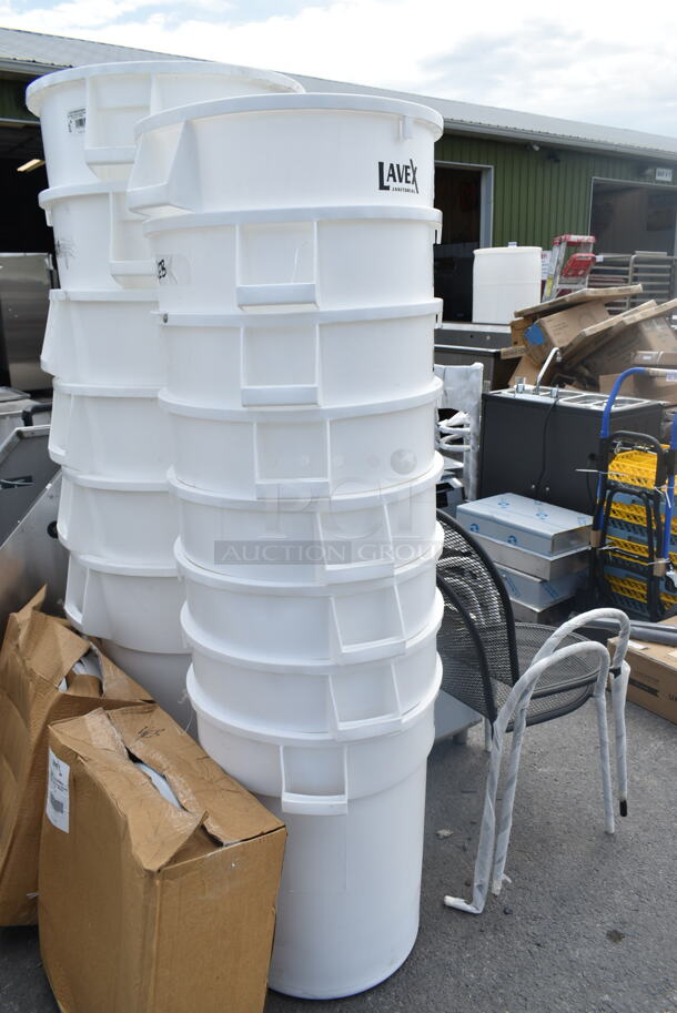 8 BRAND NEW SCRATCH AND DENT! Lavex White Round Commercial Trash Can w/ 6 Lids. 8 Times Your Bid! - Image 2 of 3