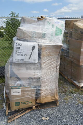 PALLET LOT of 16 BRAND NEW Boxes Including 395TP09 EcoChoice Compostable Sugarcane / Bagasse 9" Plate, Dart 16J16 16 oz. White Customizable Foam Cup - 1000/Case, 127P400B Choice 4 oz. Black Plastic Souffle Cup / Portion Cup - 2500/Case. 16 Times Your Bid!