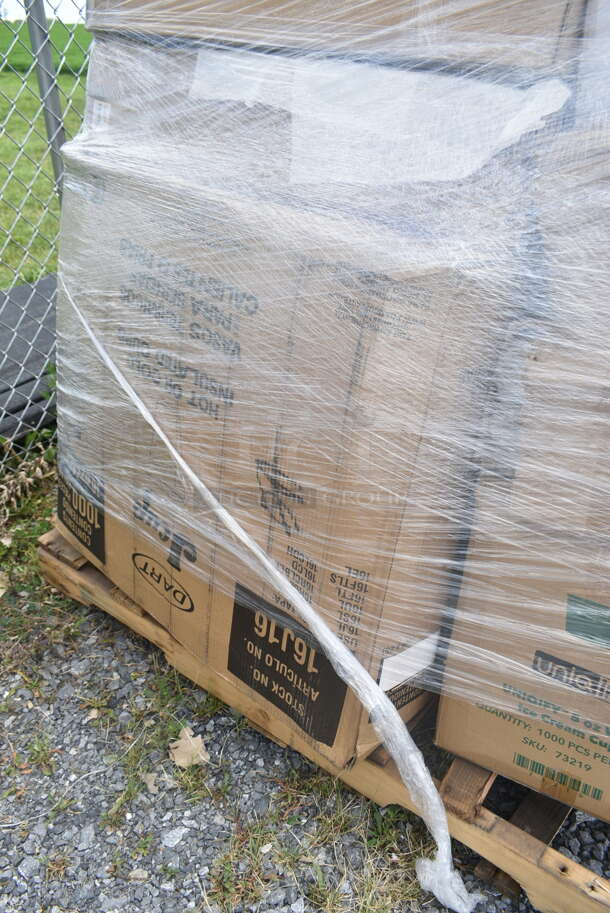 PALLET LOT of 16 BRAND NEW Boxes Including 395TP09 EcoChoice Compostable Sugarcane / Bagasse 9" Plate, Dart 16J16 16 oz. White Customizable Foam Cup - 1000/Case, 127P400B Choice 4 oz. Black Plastic Souffle Cup / Portion Cup - 2500/Case. 16 Times Your Bid! - Image 6 of 12