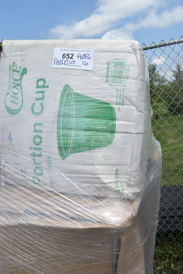 PALLET LOT of 16 BRAND NEW Boxes Including 395TP09 EcoChoice Compostable Sugarcane / Bagasse 9" Plate, Dart 16J16 16 oz. White Customizable Foam Cup - 1000/Case, 127P400B Choice 4 oz. Black Plastic Souffle Cup / Portion Cup - 2500/Case. 16 Times Your Bid! - Image 11 of 12
