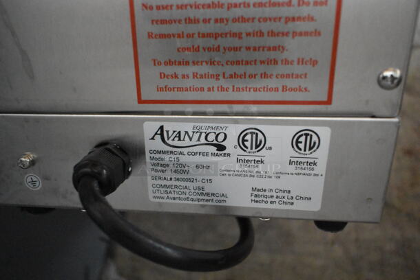 Avantco C15 Stainless Steel Commercial Countertop Coffee Machine w/ Metal Brew Basket. 120 Volts, 1 Phase.  - Image 5 of 5