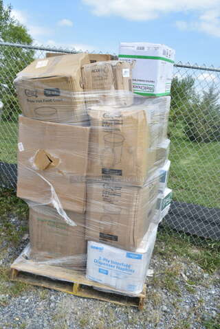 PALLET LOT of 28 BRAND NEW Boxes Including 16 oz Single Wall Green Print Hot Cups, 3 Box 966UPWIDEB OneUp by Choice White 2-Ply Wide Interfold 6 1/2" x 8 1/2" Dispenser Napkin - 6000/Case, 2 Box 128HD32COMBO Choice Heavy Duty 32 oz. Microwavable Translucent Plastic Deli Container and Lid Combo Pack - 240/Case, 303KSE16MBK Acopa 10" Matte Black Square Stoneware Plate - 12/Case, 394325M Noble NexGen Powder-Free Disposable Blue Hybrid 3 Mil Thick Gloves - Medium - 1000/Case, 129MCR32B Choice 32 oz. Black Round Microwavable Heavy Weight Container with Lid 7 1/4" - 150/Case, 917PBGEL0933 Pharmacopia Verbena 1.25 oz. Body Wash F-BGEL0933 - 200/Case, WellChoice Twisted Handle Bag, 760IC04W Choice 4 oz. White Paper Frozen Yogurt / Food Cup - 1000/Case, 43309LPIE Choice 9" Clear Hinged Low Pie Container - 100/Case. 28 Times Your Bid!