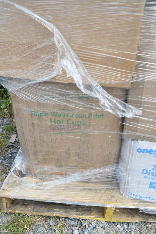 PALLET LOT of 28 BRAND NEW Boxes Including 16 oz Single Wall Green Print Hot Cups, 3 Box 966UPWIDEB OneUp by Choice White 2-Ply Wide Interfold 6 1/2" x 8 1/2" Dispenser Napkin - 6000/Case, 2 Box 128HD32COMBO Choice Heavy Duty 32 oz. Microwavable Translucent Plastic Deli Container and Lid Combo Pack - 240/Case, 303KSE16MBK Acopa 10" Matte Black Square Stoneware Plate - 12/Case, 394325M Noble NexGen Powder-Free Disposable Blue Hybrid 3 Mil Thick Gloves - Medium - 1000/Case, 129MCR32B Choice 32 oz. Black Round Microwavable Heavy Weight Container with Lid 7 1/4" - 150/Case, 917PBGEL0933 Pharmacopia Verbena 1.25 oz. Body Wash F-BGEL0933 - 200/Case, WellChoice Twisted Handle Bag, 760IC04W Choice 4 oz. White Paper Frozen Yogurt / Food Cup - 1000/Case, 43309LPIE Choice 9" Clear Hinged Low Pie Container - 100/Case. 28 Times Your Bid! - Image 2 of 12