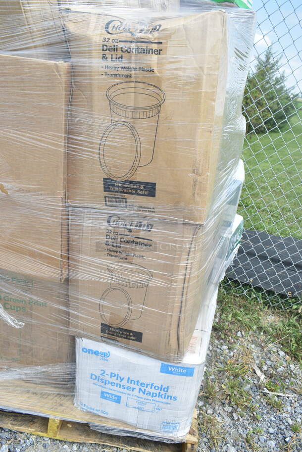 PALLET LOT of 28 BRAND NEW Boxes Including 16 oz Single Wall Green Print Hot Cups, 3 Box 966UPWIDEB OneUp by Choice White 2-Ply Wide Interfold 6 1/2" x 8 1/2" Dispenser Napkin - 6000/Case, 2 Box 128HD32COMBO Choice Heavy Duty 32 oz. Microwavable Translucent Plastic Deli Container and Lid Combo Pack - 240/Case, 303KSE16MBK Acopa 10" Matte Black Square Stoneware Plate - 12/Case, 394325M Noble NexGen Powder-Free Disposable Blue Hybrid 3 Mil Thick Gloves - Medium - 1000/Case, 129MCR32B Choice 32 oz. Black Round Microwavable Heavy Weight Container with Lid 7 1/4" - 150/Case, 917PBGEL0933 Pharmacopia Verbena 1.25 oz. Body Wash F-BGEL0933 - 200/Case, WellChoice Twisted Handle Bag, 760IC04W Choice 4 oz. White Paper Frozen Yogurt / Food Cup - 1000/Case, 43309LPIE Choice 9" Clear Hinged Low Pie Container - 100/Case. 28 Times Your Bid! - Image 3 of 12