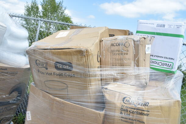 PALLET LOT of 28 BRAND NEW Boxes Including 16 oz Single Wall Green Print Hot Cups, 3 Box 966UPWIDEB OneUp by Choice White 2-Ply Wide Interfold 6 1/2" x 8 1/2" Dispenser Napkin - 6000/Case, 2 Box 128HD32COMBO Choice Heavy Duty 32 oz. Microwavable Translucent Plastic Deli Container and Lid Combo Pack - 240/Case, 303KSE16MBK Acopa 10" Matte Black Square Stoneware Plate - 12/Case, 394325M Noble NexGen Powder-Free Disposable Blue Hybrid 3 Mil Thick Gloves - Medium - 1000/Case, 129MCR32B Choice 32 oz. Black Round Microwavable Heavy Weight Container with Lid 7 1/4" - 150/Case, 917PBGEL0933 Pharmacopia Verbena 1.25 oz. Body Wash F-BGEL0933 - 200/Case, WellChoice Twisted Handle Bag, 760IC04W Choice 4 oz. White Paper Frozen Yogurt / Food Cup - 1000/Case, 43309LPIE Choice 9" Clear Hinged Low Pie Container - 100/Case. 28 Times Your Bid! - Image 4 of 12