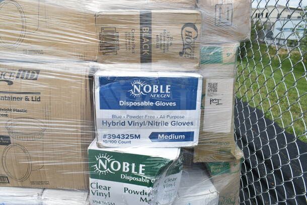PALLET LOT of 28 BRAND NEW Boxes Including 16 oz Single Wall Green Print Hot Cups, 3 Box 966UPWIDEB OneUp by Choice White 2-Ply Wide Interfold 6 1/2" x 8 1/2" Dispenser Napkin - 6000/Case, 2 Box 128HD32COMBO Choice Heavy Duty 32 oz. Microwavable Translucent Plastic Deli Container and Lid Combo Pack - 240/Case, 303KSE16MBK Acopa 10" Matte Black Square Stoneware Plate - 12/Case, 394325M Noble NexGen Powder-Free Disposable Blue Hybrid 3 Mil Thick Gloves - Medium - 1000/Case, 129MCR32B Choice 32 oz. Black Round Microwavable Heavy Weight Container with Lid 7 1/4" - 150/Case, 917PBGEL0933 Pharmacopia Verbena 1.25 oz. Body Wash F-BGEL0933 - 200/Case, WellChoice Twisted Handle Bag, 760IC04W Choice 4 oz. White Paper Frozen Yogurt / Food Cup - 1000/Case, 43309LPIE Choice 9" Clear Hinged Low Pie Container - 100/Case. 28 Times Your Bid! - Image 6 of 12