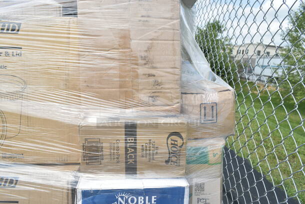 PALLET LOT of 28 BRAND NEW Boxes Including 16 oz Single Wall Green Print Hot Cups, 3 Box 966UPWIDEB OneUp by Choice White 2-Ply Wide Interfold 6 1/2" x 8 1/2" Dispenser Napkin - 6000/Case, 2 Box 128HD32COMBO Choice Heavy Duty 32 oz. Microwavable Translucent Plastic Deli Container and Lid Combo Pack - 240/Case, 303KSE16MBK Acopa 10" Matte Black Square Stoneware Plate - 12/Case, 394325M Noble NexGen Powder-Free Disposable Blue Hybrid 3 Mil Thick Gloves - Medium - 1000/Case, 129MCR32B Choice 32 oz. Black Round Microwavable Heavy Weight Container with Lid 7 1/4" - 150/Case, 917PBGEL0933 Pharmacopia Verbena 1.25 oz. Body Wash F-BGEL0933 - 200/Case, WellChoice Twisted Handle Bag, 760IC04W Choice 4 oz. White Paper Frozen Yogurt / Food Cup - 1000/Case, 43309LPIE Choice 9" Clear Hinged Low Pie Container - 100/Case. 28 Times Your Bid! - Image 7 of 12