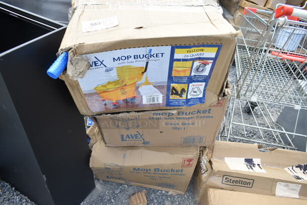 3 BRAND NEW SCRATCH AND DENT! Items Including Lavex 274MOPBCKTBK 35 Qt. Black Mop Bucket & Side Press Wringer Combo, Lavex 274MOPBCKTYE 35 Qt. Yellow Mop Bucket & Side Press Wringer Combo, Lavex 274MBCKT26YL 26 Qt. Yellow Mop Bucket and Side Press Wringer Combo. 3 Times Your Bid!  - Image 2 of 5