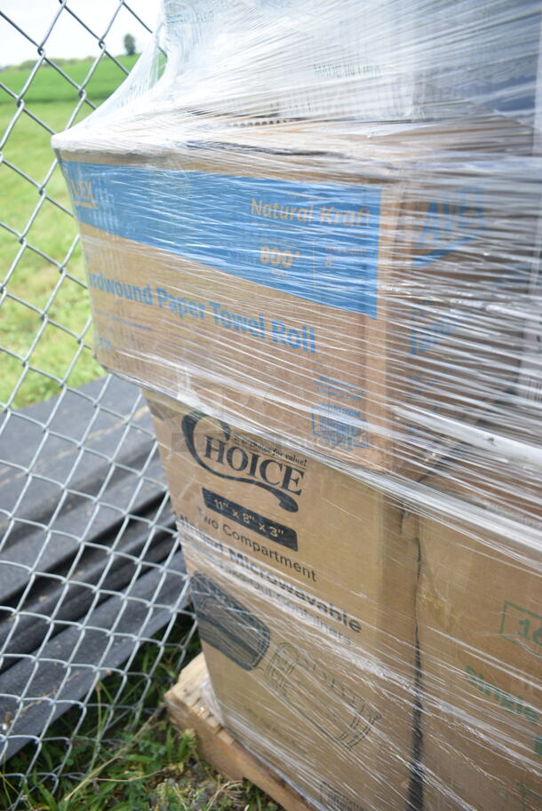 PALLET LOT of 28 BRAND NEW Boxes Including 16 oz Single Wall Green Print Hot Cups, 3 Box 966UPWIDEB OneUp by Choice White 2-Ply Wide Interfold 6 1/2" x 8 1/2" Dispenser Napkin - 6000/Case, 2 Box 128HD32COMBO Choice Heavy Duty 32 oz. Microwavable Translucent Plastic Deli Container and Lid Combo Pack - 240/Case, 303KSE16MBK Acopa 10" Matte Black Square Stoneware Plate - 12/Case, 394325M Noble NexGen Powder-Free Disposable Blue Hybrid 3 Mil Thick Gloves - Medium - 1000/Case, 129MCR32B Choice 32 oz. Black Round Microwavable Heavy Weight Container with Lid 7 1/4" - 150/Case, 917PBGEL0933 Pharmacopia Verbena 1.25 oz. Body Wash F-BGEL0933 - 200/Case, WellChoice Twisted Handle Bag, 760IC04W Choice 4 oz. White Paper Frozen Yogurt / Food Cup - 1000/Case, 43309LPIE Choice 9" Clear Hinged Low Pie Container - 100/Case. 28 Times Your Bid! - Image 11 of 12