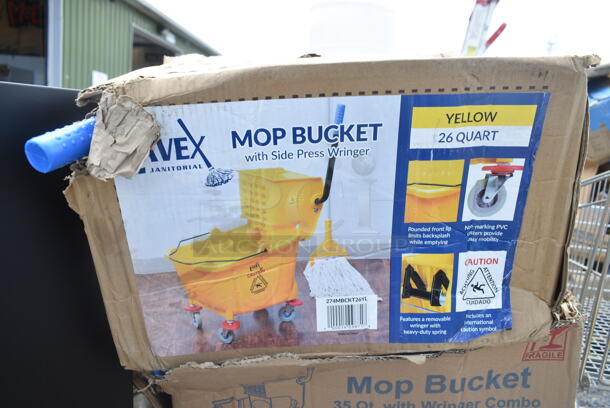 3 BRAND NEW SCRATCH AND DENT! Items Including Lavex 274MOPBCKTBK 35 Qt. Black Mop Bucket & Side Press Wringer Combo, Lavex 274MOPBCKTYE 35 Qt. Yellow Mop Bucket & Side Press Wringer Combo, Lavex 274MBCKT26YL 26 Qt. Yellow Mop Bucket and Side Press Wringer Combo. 3 Times Your Bid!  - Image 3 of 5
